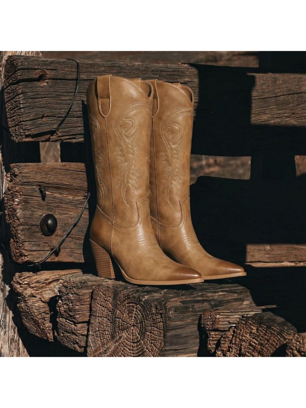 Women's Light Brown Leather Cowgirl Boots Pointed Toe Chunky Heel Western Boots - Picture 4 of 7